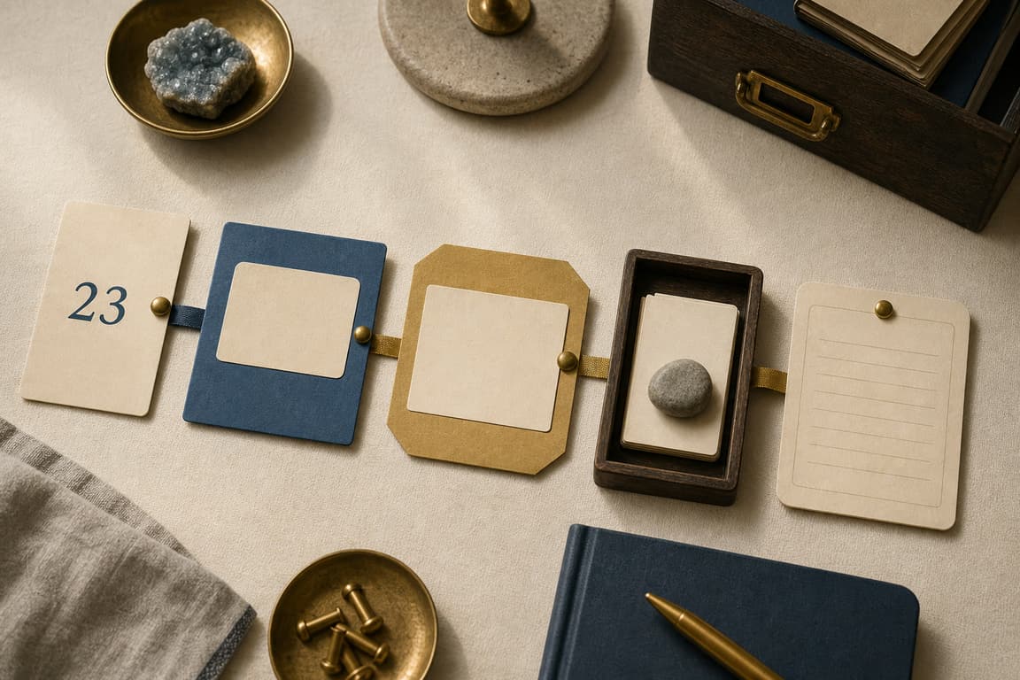 Blank idea cards, a route strip, and a brass marker numbered 23