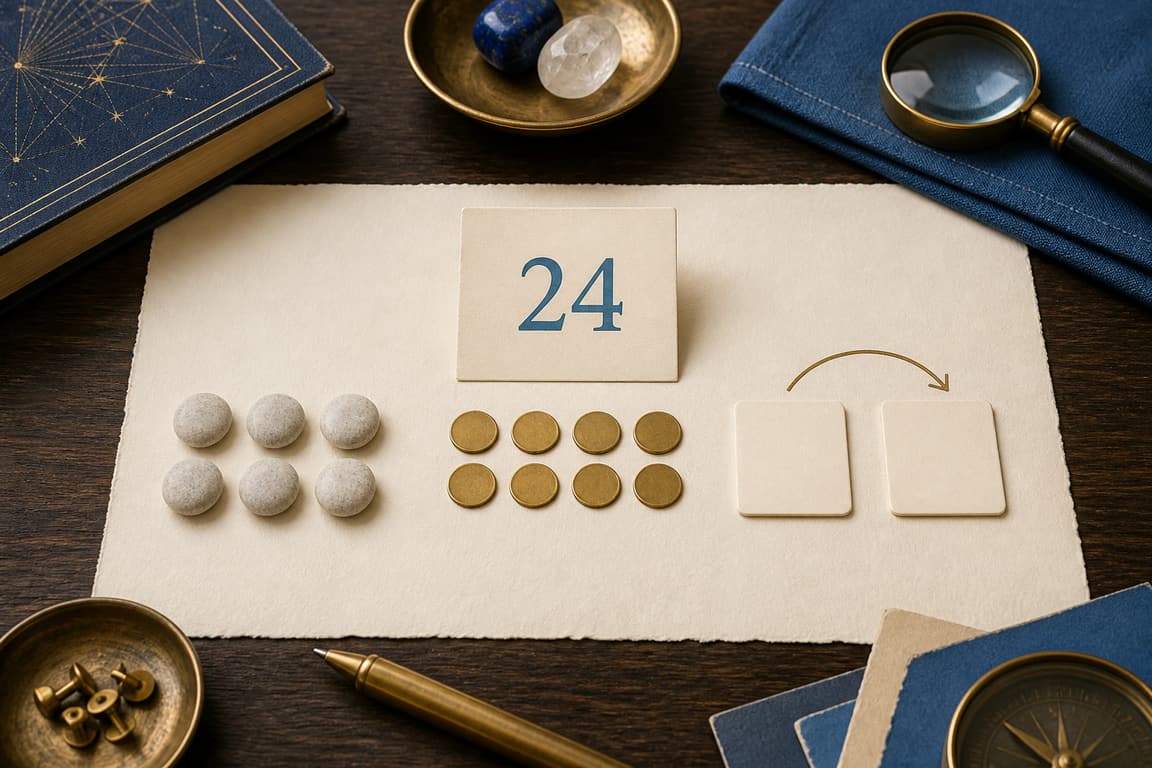 Blank profile cards, square stones, and a brass marker numbered 24