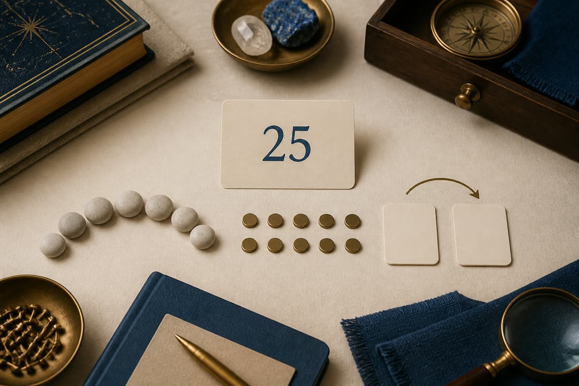 Blank profile cards, route stones, and a brass marker numbered 25