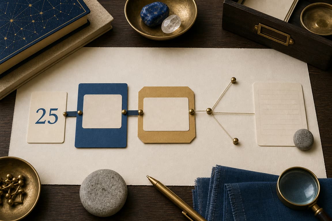 Blank decision cards, route stones, and a brass marker numbered 25
