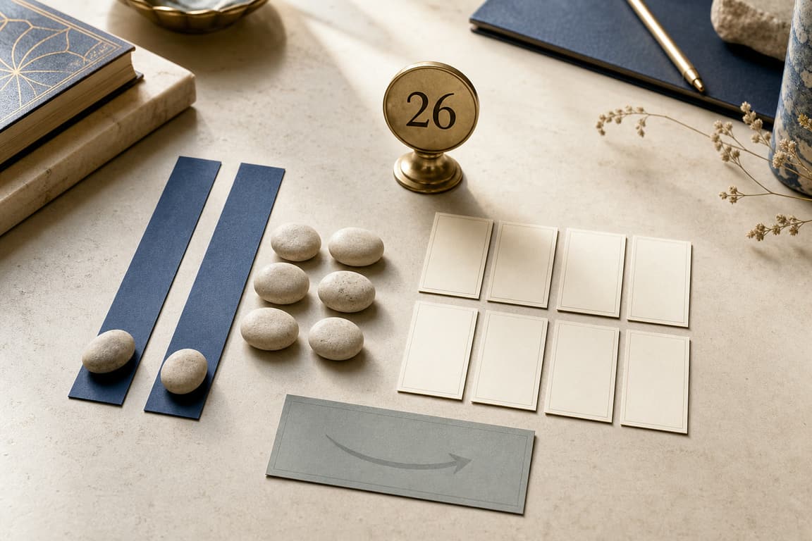 Blue paper strips, pale stones, blank cards, and a brass marker numbered 26
