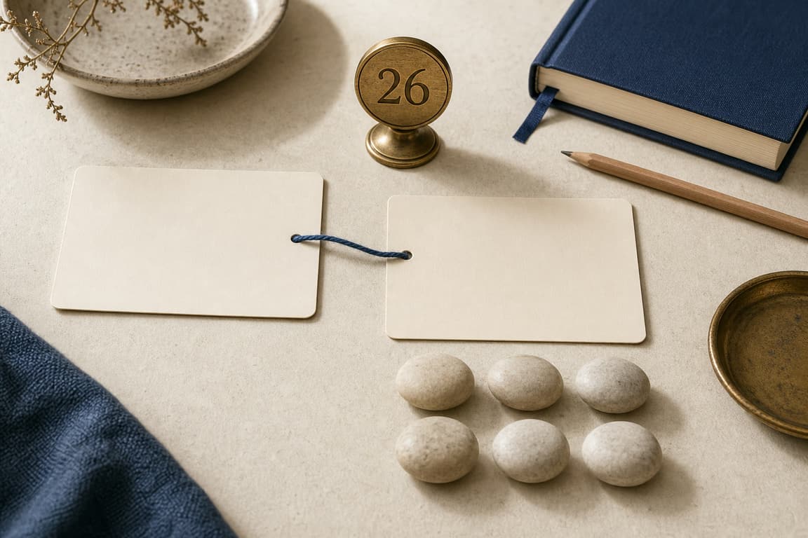 Blank connected context cards, care stones, and a brass marker numbered 26