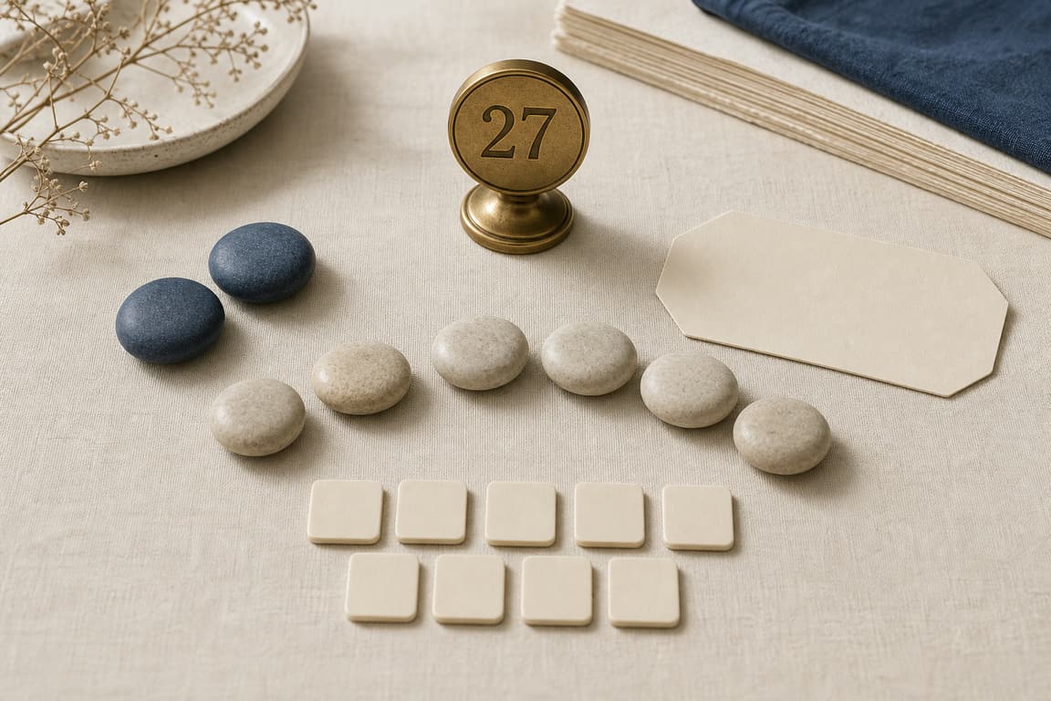 Reflection stones, blank tiles, and a brass marker numbered 27