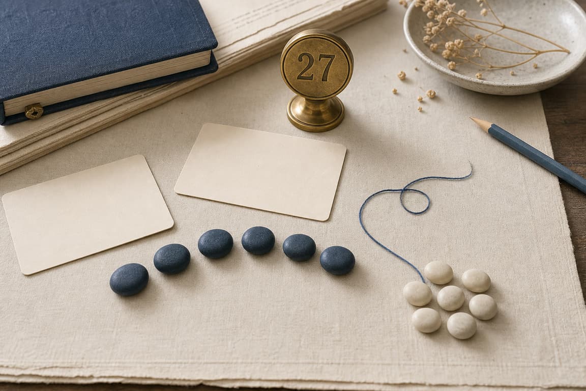Blank context cards, reflection stones, and a brass marker numbered 27
