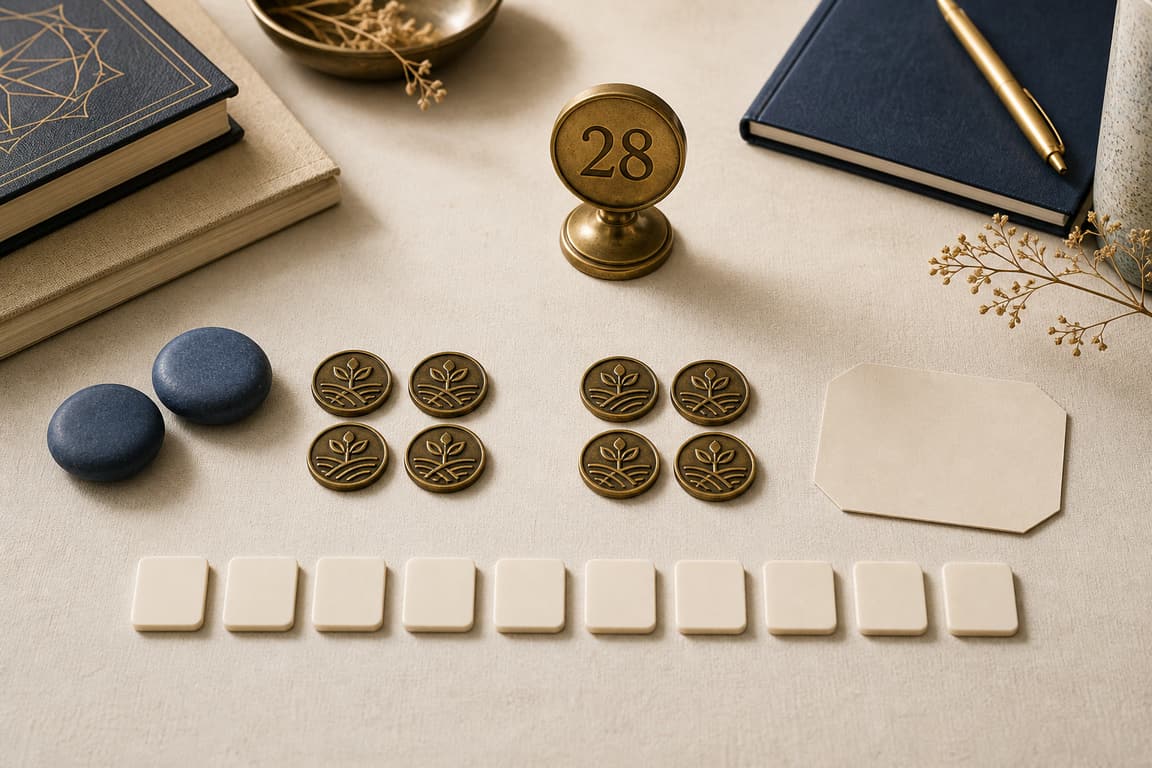 Balance stones, brass tokens, blank tiles, and a brass marker numbered 28