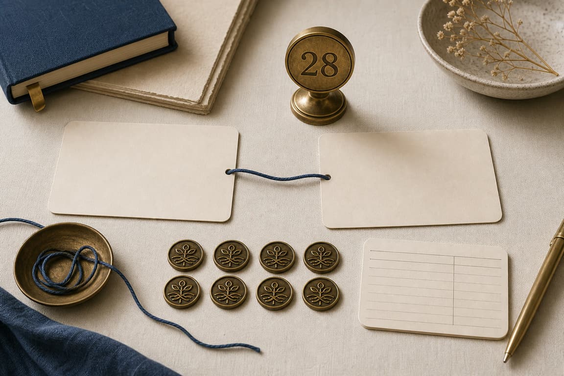 Blank decision cards, brass tokens, and a brass marker numbered 28