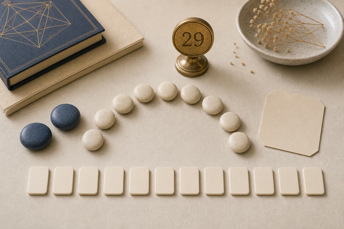 Balance stones, pale completion stones, and a brass marker numbered 29