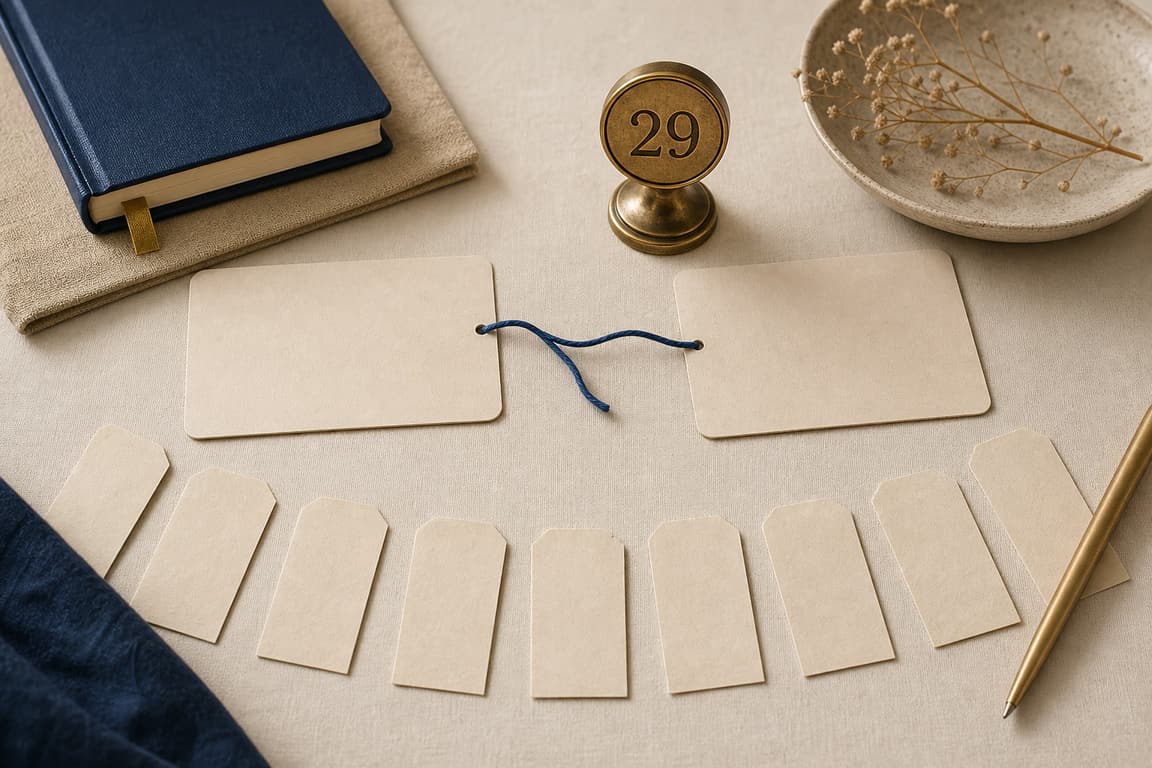 Blank context cards, pale paper slips, and a brass marker numbered 29