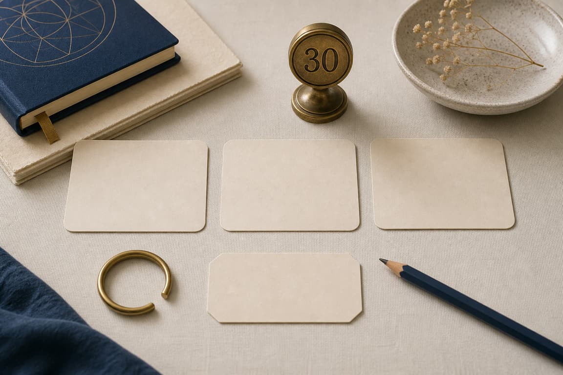 Three blank cards, an open brass ring, and a brass marker numbered 30