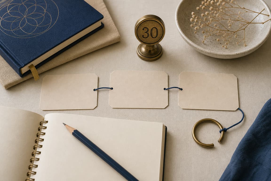 Three blank idea cards, an open brass ring, and a brass marker numbered 30