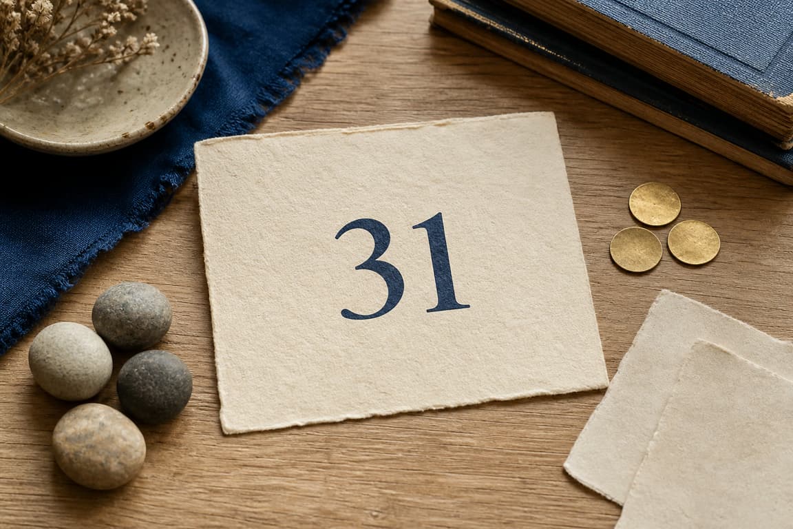 Blank expression cards, an origin stone, and a brass marker numbered 31