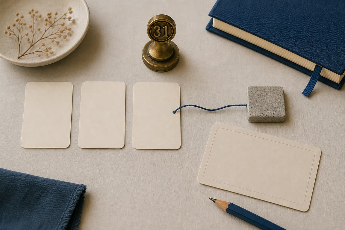 Blank idea cards, one origin stone, and a brass marker numbered 31