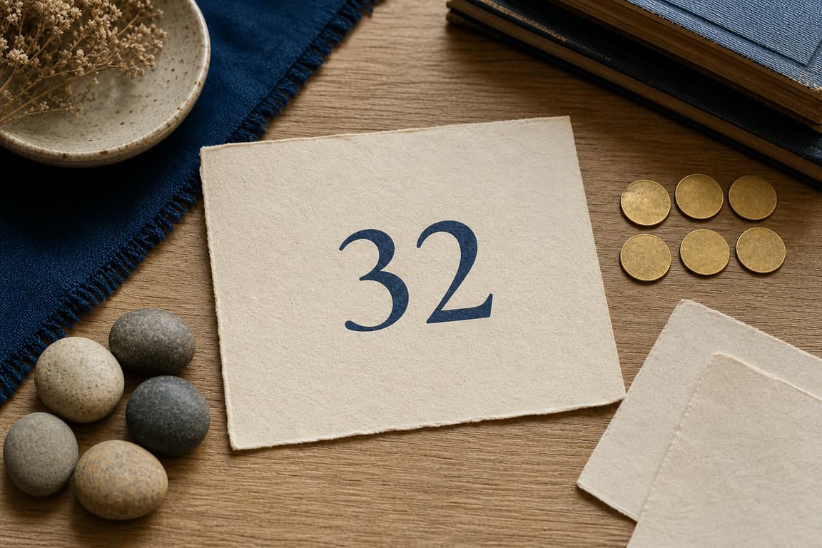Blank profile cards, paired stones, and a brass marker numbered 32