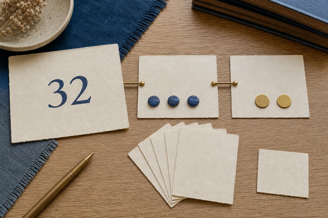 Blank dialogue cards, paired stones, and a brass marker numbered 32