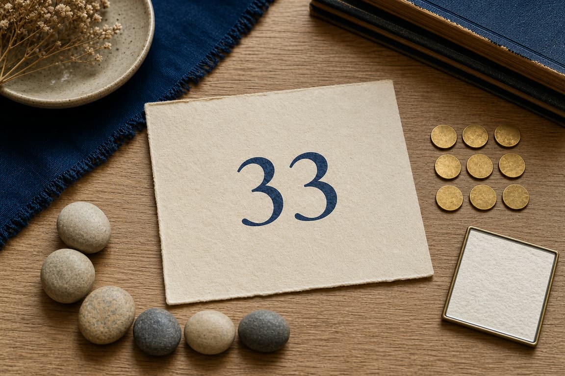 Doubled blank cards, pale stones, and a brass marker numbered 33