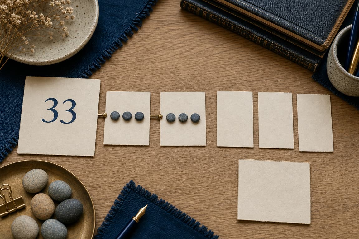 Blank teaching cards, care stones, and a brass marker numbered 33