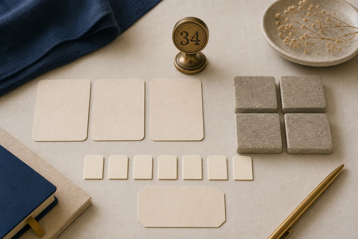Blank expression cards, square foundation stones, and a brass marker numbered 34