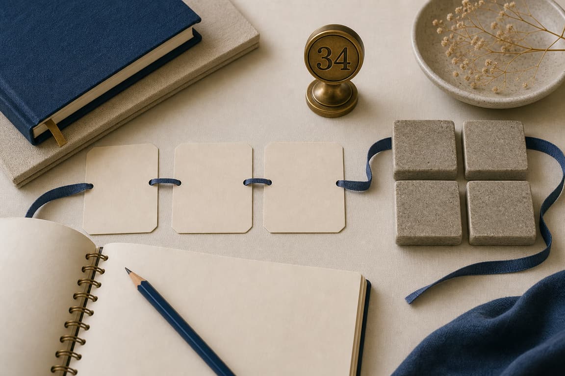 Blank idea cards, square stones, a measuring ribbon, and a brass marker numbered 34