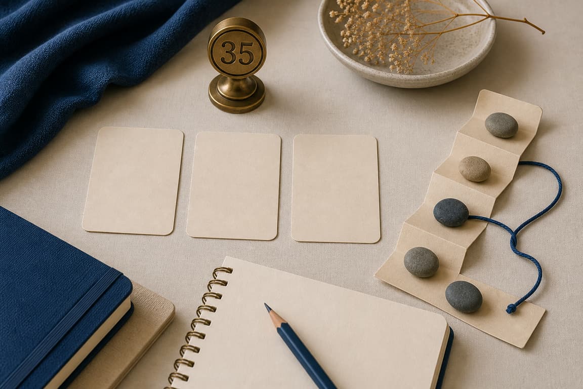 Blank idea cards, route stones, a folded path strip, and a brass marker numbered 35