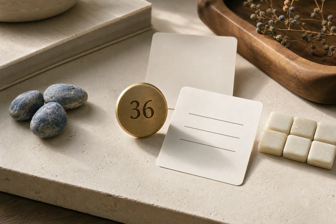 Blank profile cards, care stones, and a brass marker numbered 36