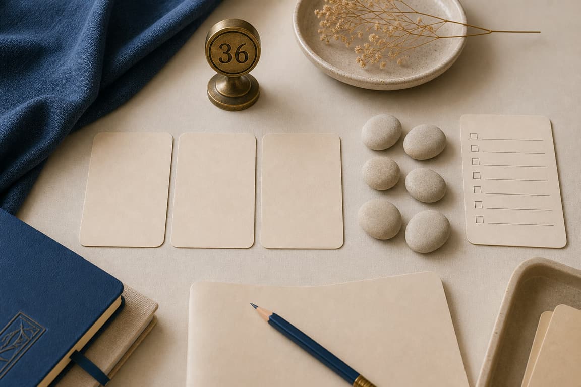 Blank expression cards, care stones, a checklist card, and a brass marker numbered 36