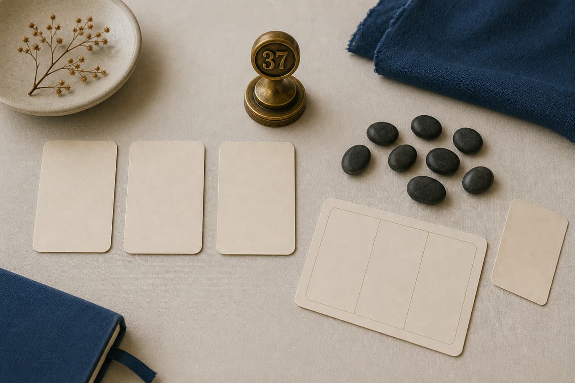 Blank expression cards, reflection stones, and a brass marker numbered 37