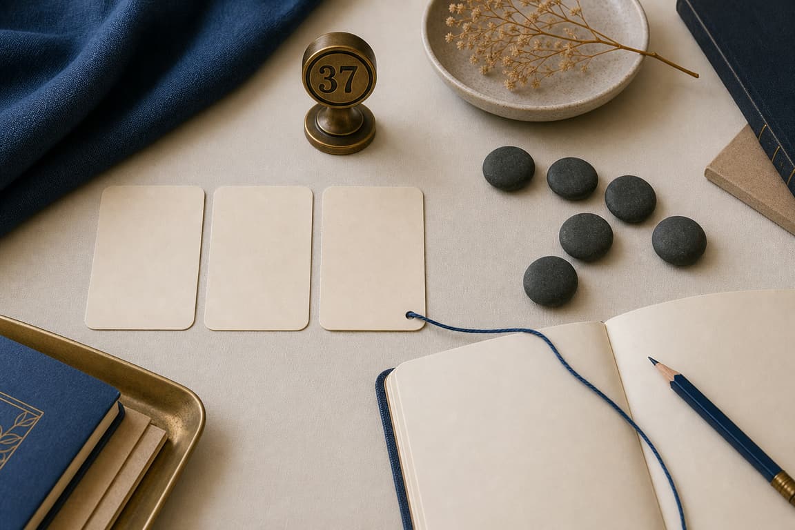 Blank idea cards, reflection stones, a review notebook, and a brass marker numbered 37