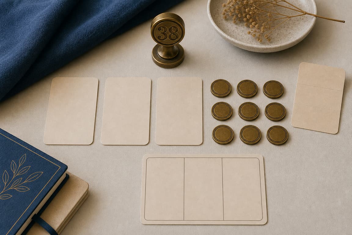 Blank expression cards, brass tokens, a blank profile card, and a brass marker numbered 38