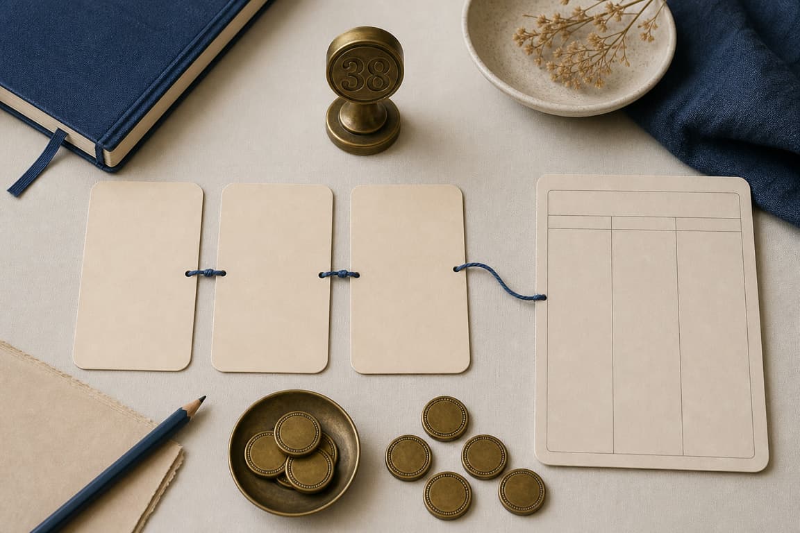 Blank idea cards, a blank ledger, brass tokens, and a brass marker numbered 38
