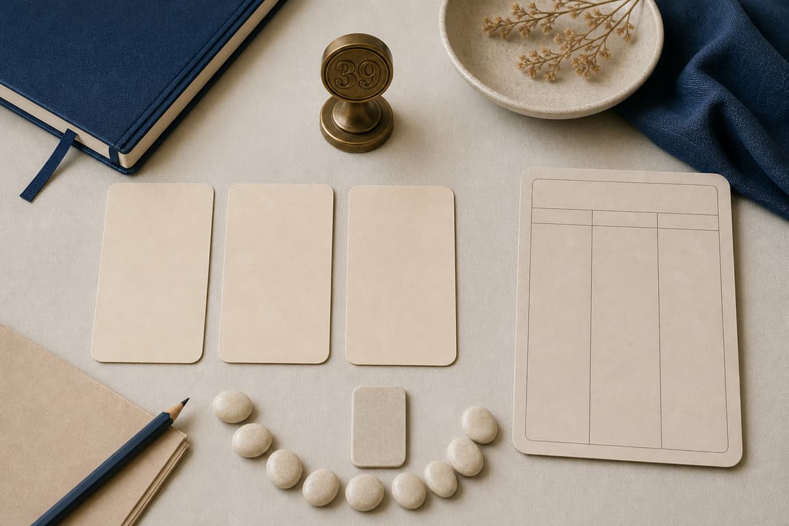Blank expression cards, pale completion stones, and a brass marker numbered 39