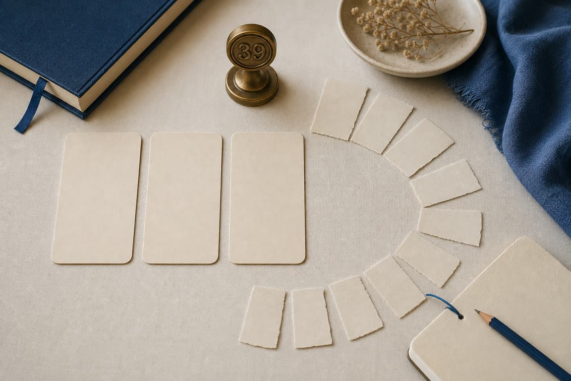 Blank idea cards, pale paper slips, a notebook, and a brass marker numbered 39