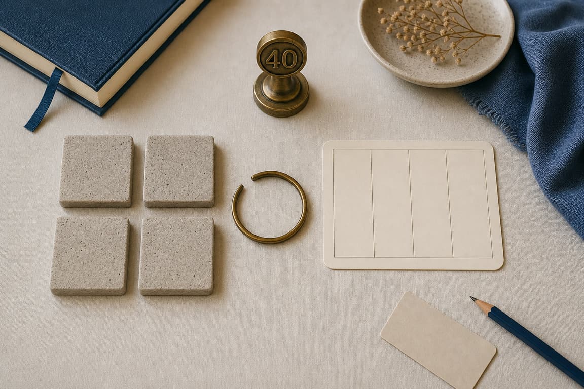 Four square stones, an open brass ring, a blank profile card, and a brass marker numbered 40