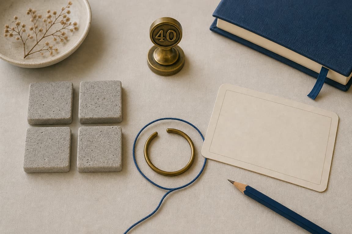 Four square stones, an open brass ring, a blank review card, and a brass marker numbered 40