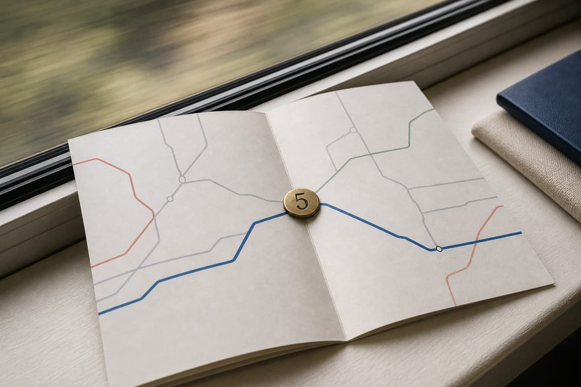 Folded blank transit map with a brass marker numbered 5 on the crease