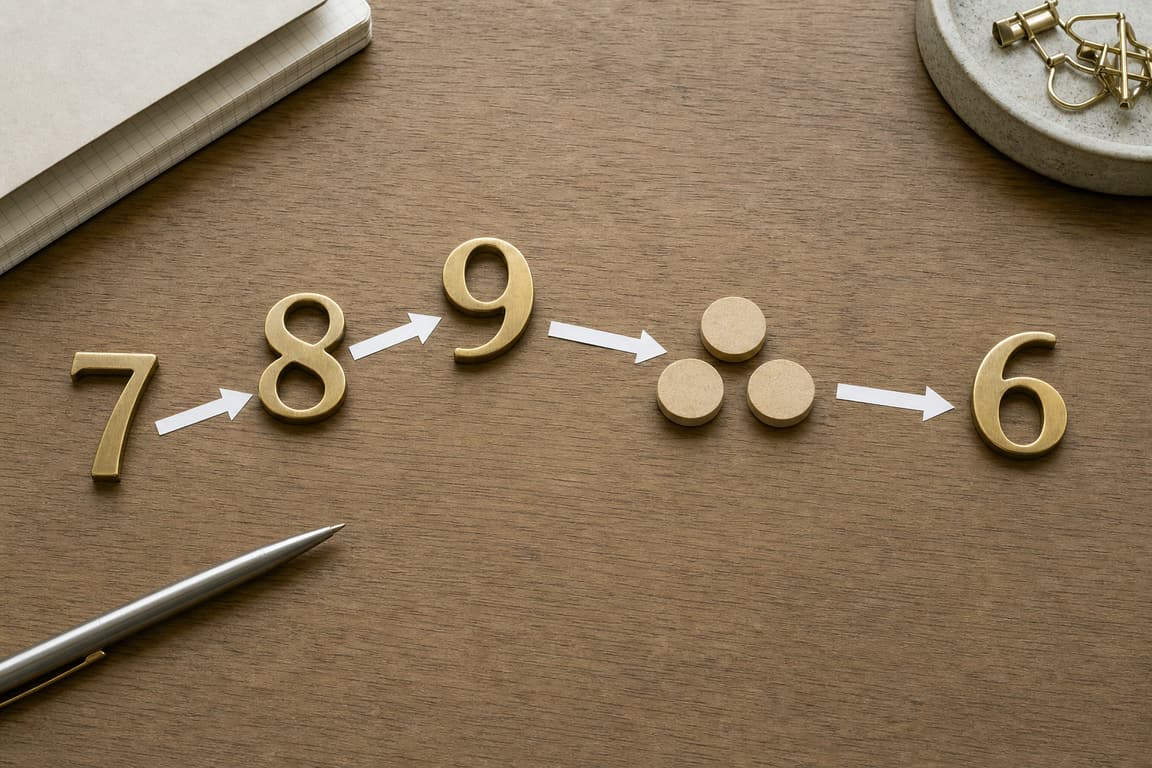 Three-stage worksheet showing 7 as insight, 8 as usable result, 9 as release, and 24 reducing to 6