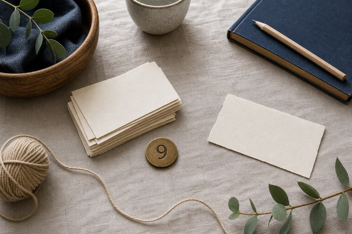 Blank paper slips and string beside a brass marker numbered 9