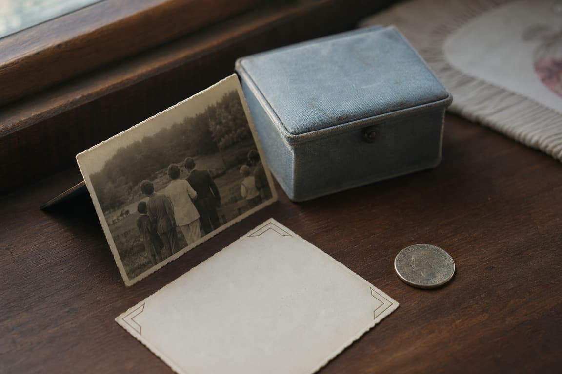 Old coin beside a family photograph, plain note card, and small keepsake box