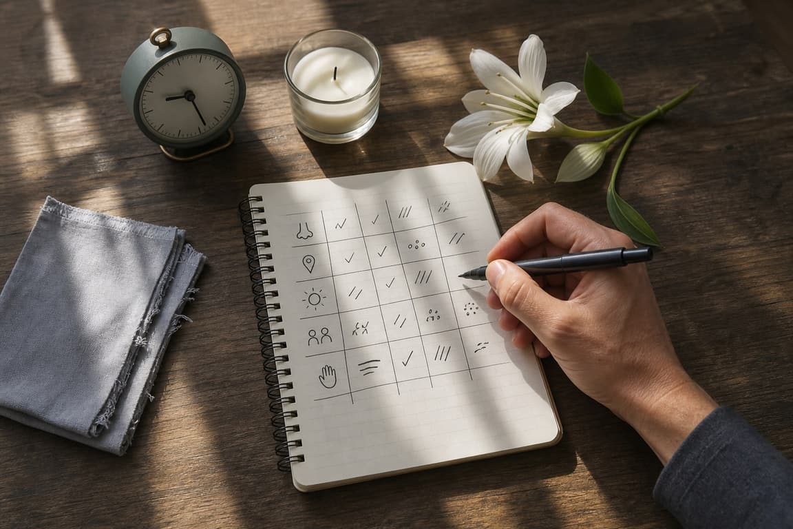 Hand recording scent conditions in a simple grid beside cloth, a flower, and an unlit candle