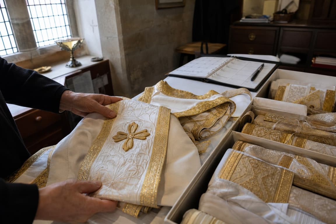 Sacristan arranging white and gold festive vestments beside a blank liturgical calendar