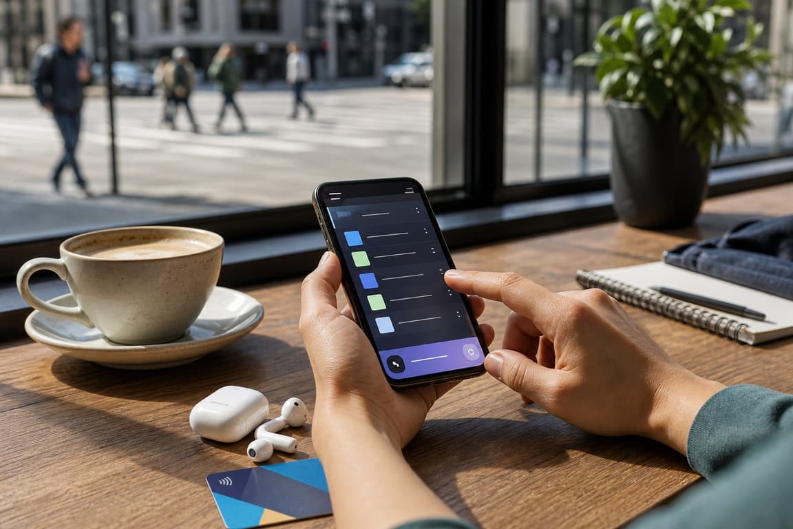 Person checking a phone playback queue beside earbuds at a cafe table