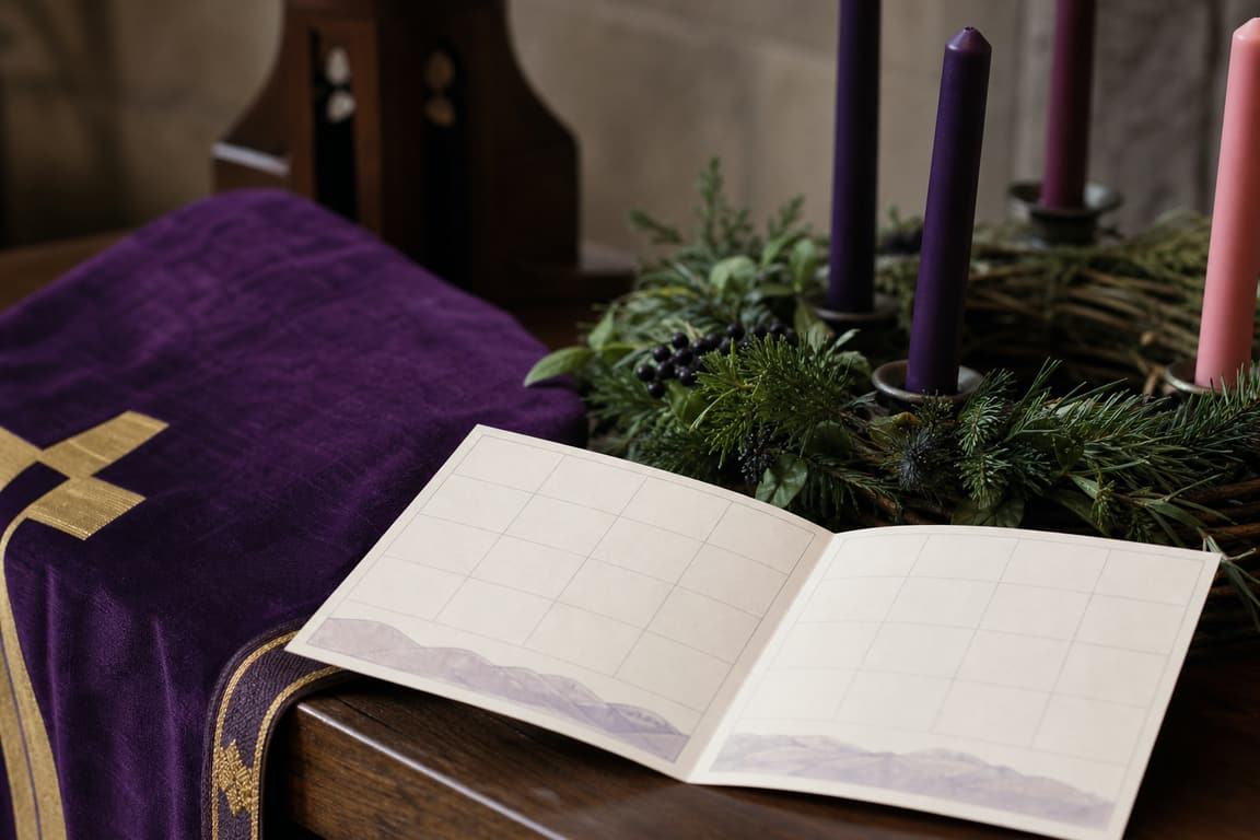 Purple church textile beside a plain candle and an open study book
