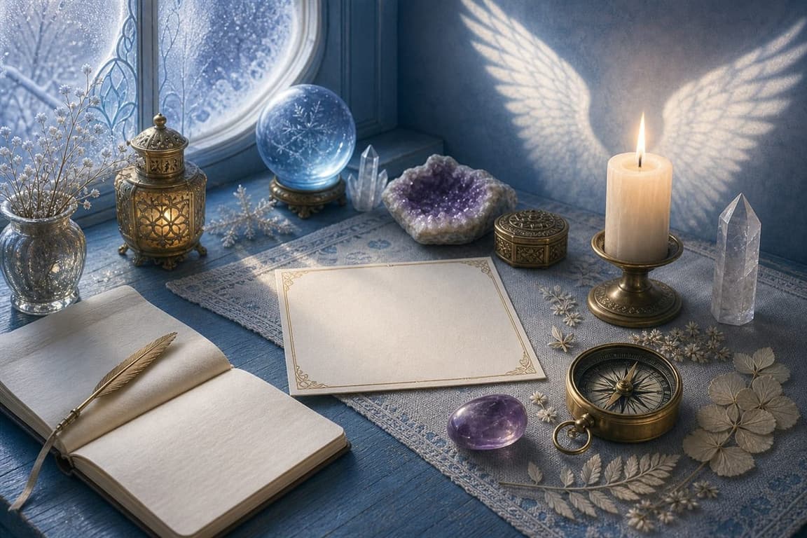 Candle, blank card, winter window, crystals, and wing-shaped light arranged for a February guardian reflection