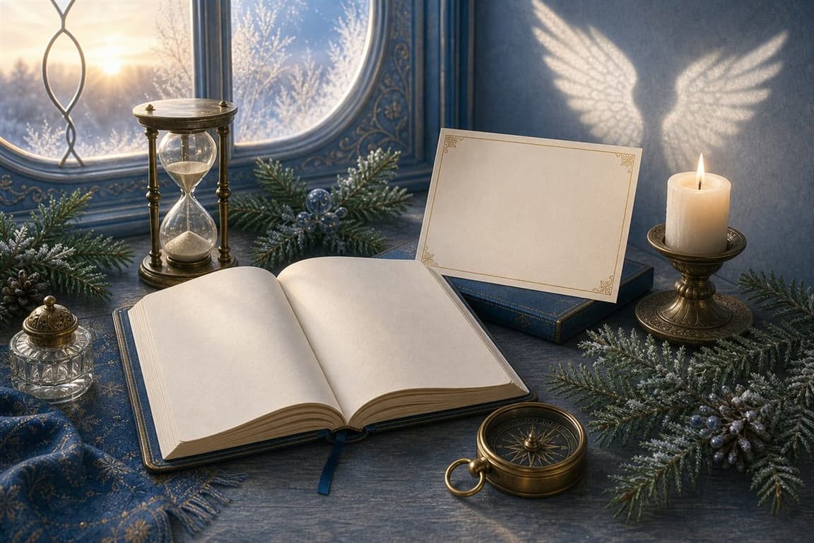 Open notebook, hourglass, candle, winter greenery, and wing-shaped light arranged for a January guardian reflection