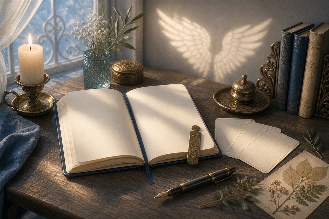 Open notebook, blank cards, candle, and wing-shaped light arranged for guardian angel journaling