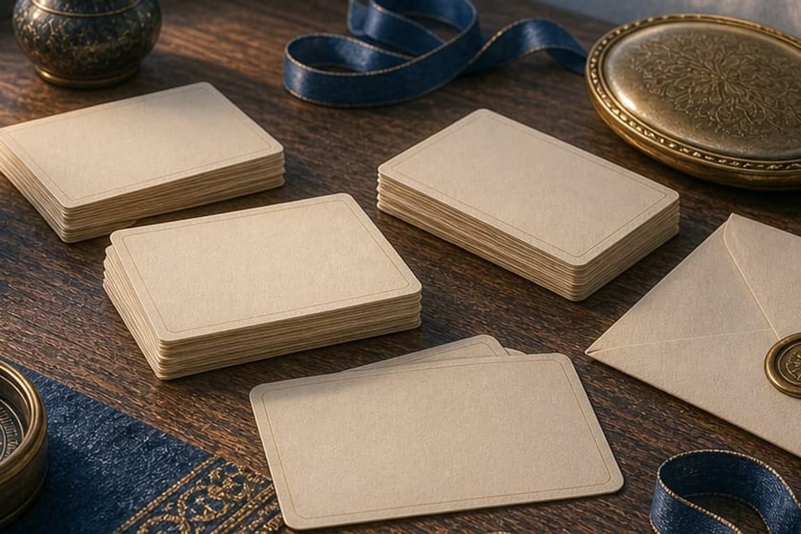 Blank cards, a sealed envelope, a mirror, and blue ribbon arranged on a guardian-angel identity reading desk