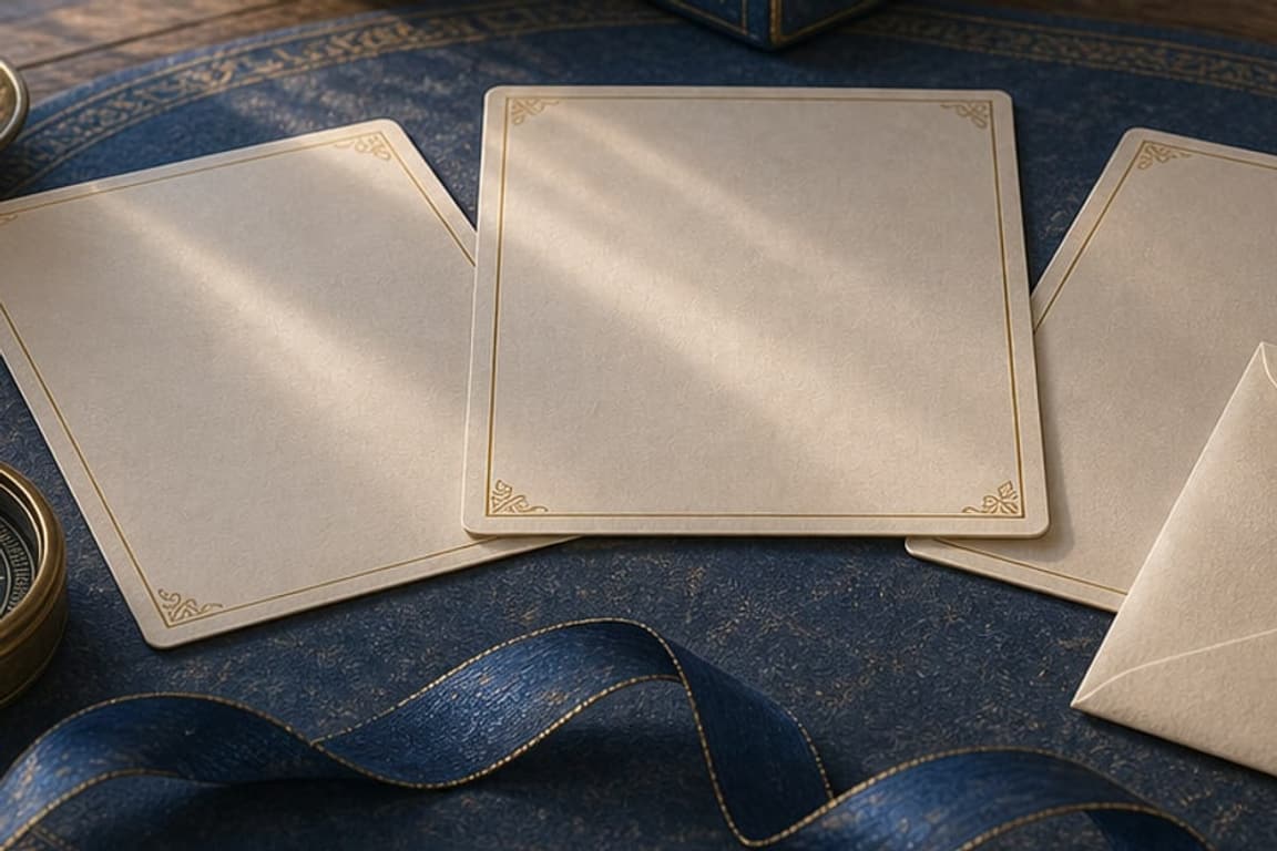 Blank message cards, sealed envelope, candle, compass, and blue ribbon arranged for guardian-angel message review