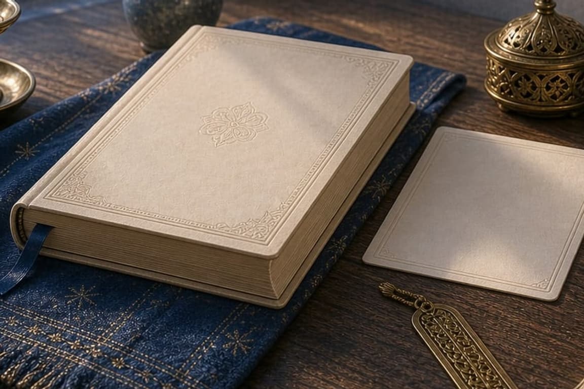 Blank prayer book, prayer card, ivory beads, candle, and blue cloth arranged on a guardian-angel prayer desk