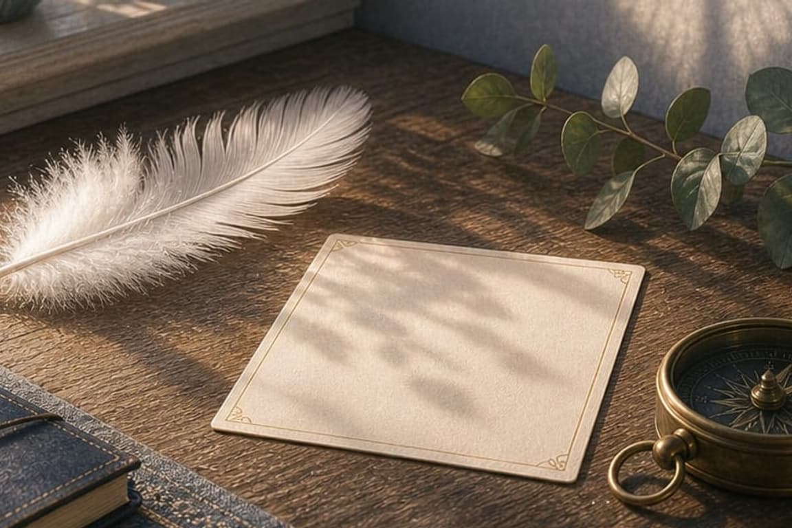 White feather, blank note card, leaves, candlelight, and compass arranged as a guardian-angel presence cue map