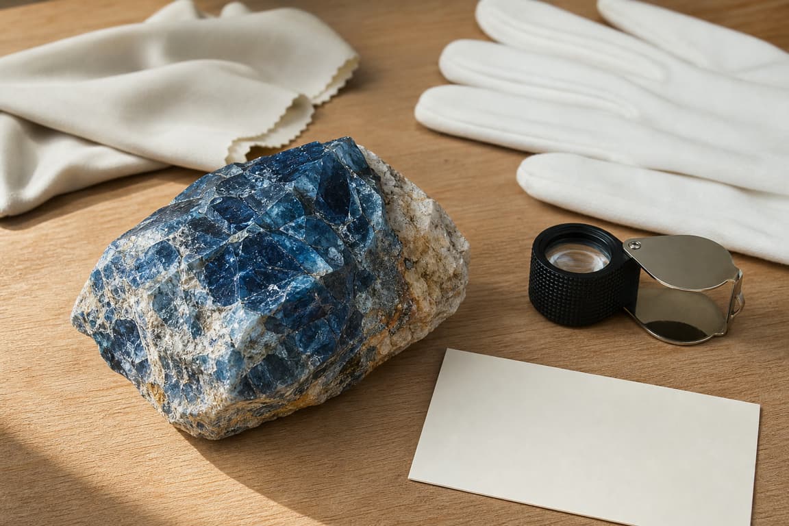 Mineral specimen, soft dry cloth, loupe, and care note in natural daylight