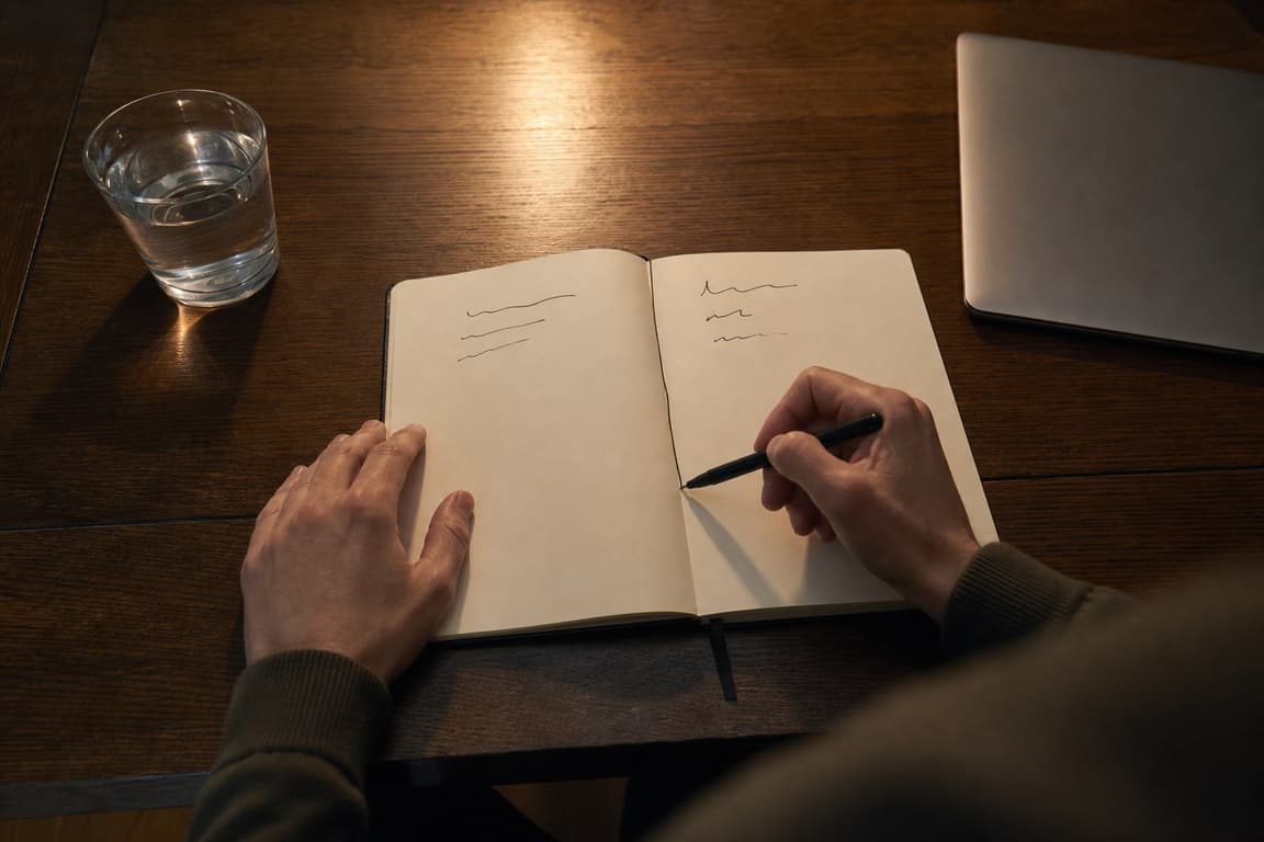 Hands dividing a notebook page into two columns under a warm early evening lamp